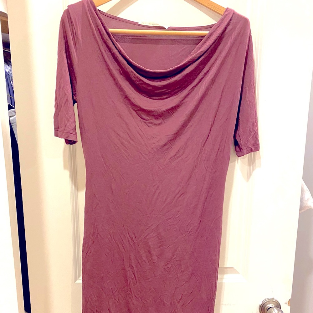 Peruvian Connection Draped Neck Jersey Dress Womens S Short Sleeve Lavender